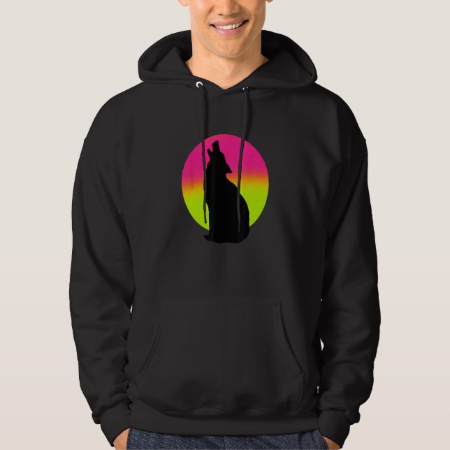 Cute Wolf   Howling Wolf Retro Sunset Hoodie (Framsida)
