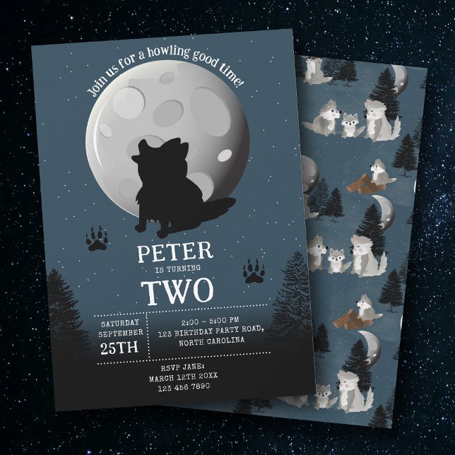Cute Wolf Pack Woodland Moon Howling Birthday Inbjudningar (Cute Wolf Pack Woodland Moon Howling Birthday Invitation)