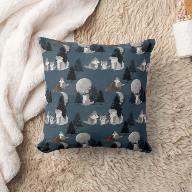 Cute Wolf Pack Woodland Night Baby Nursery Kudde (Filt)