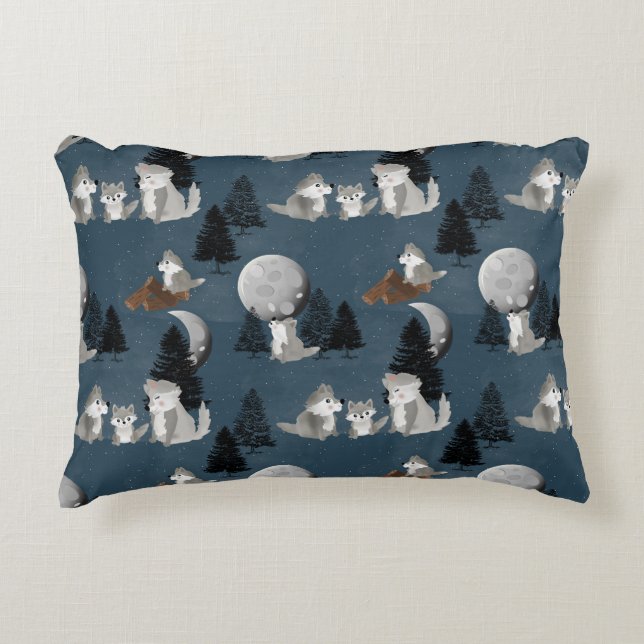 Cute Wolf Pack Woodland Night Baby Nursery Prydnadskudde (Framsidan)