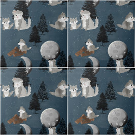 Cute Wolf Pack Woodland Night Sky Moon Kakelplatta