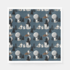 Cute Wolf Pack Woodland Night Sky Moon Pappersservett