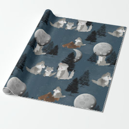 Cute Wolf Pack Woodland Night Sky Moon Presentpapper