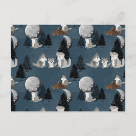 Cute Wolf Pack Woodland Night Sky Moon Vykort