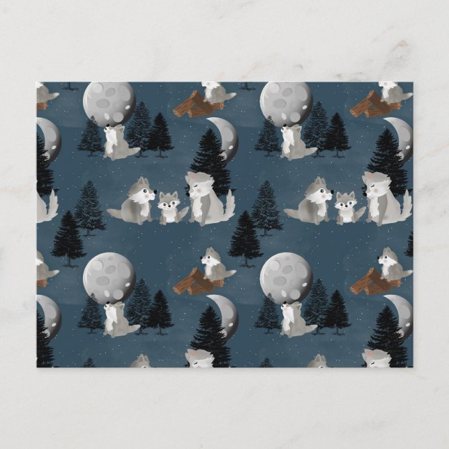 Cute Wolf Pack Woodland Night Sky Moon Vykort (Framsida)