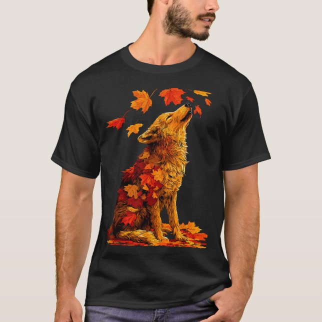 Cute Wolf With Fall Leaves Forest Animal Autumn Ae T Shirt (Framsida)