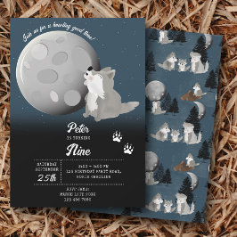 Cute Wolf Woodland Moon Howling Kids Birthday Inbjudningar