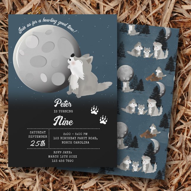 Cute Wolf Woodland Moon Howling Kids Birthday Inbjudningar (Cute Wolf Woodland Moon Howling Kids Birthday Invitation)
