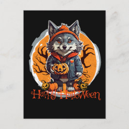 Cute Wolfie med Pumpkins Happy halloween Vibes Vykort