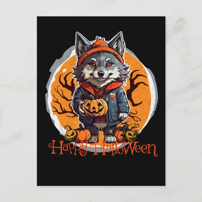 Cute Wolfie med Pumpkins Happy halloween Vibes Vykort (Framsida)