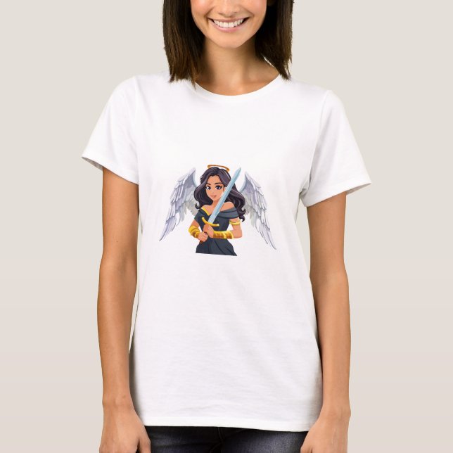 Cute woman Angel's with open wings and sword T Shirt (Framsida)