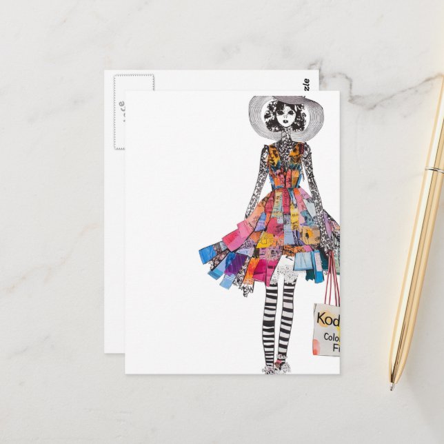 Cute Woman in Collage Fashions Outfit Vykort (Fram/Back In Situ)