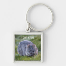 Cute Wombat Wildlife Animal Australia Grönt Fyrkantig Silverfärgad Nyckelring