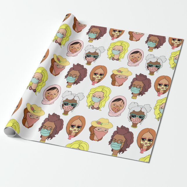 Cute Women Wear Ansikte Masks Illustration Mönster Presentpapper (Utrullad)