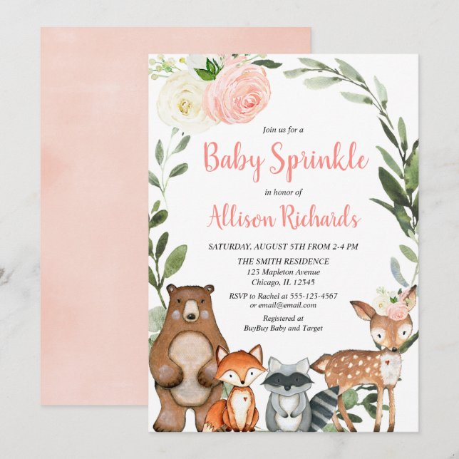 Cute wood animals blommigt girl baby sprinkle inbjudningar (Fram/baksida)