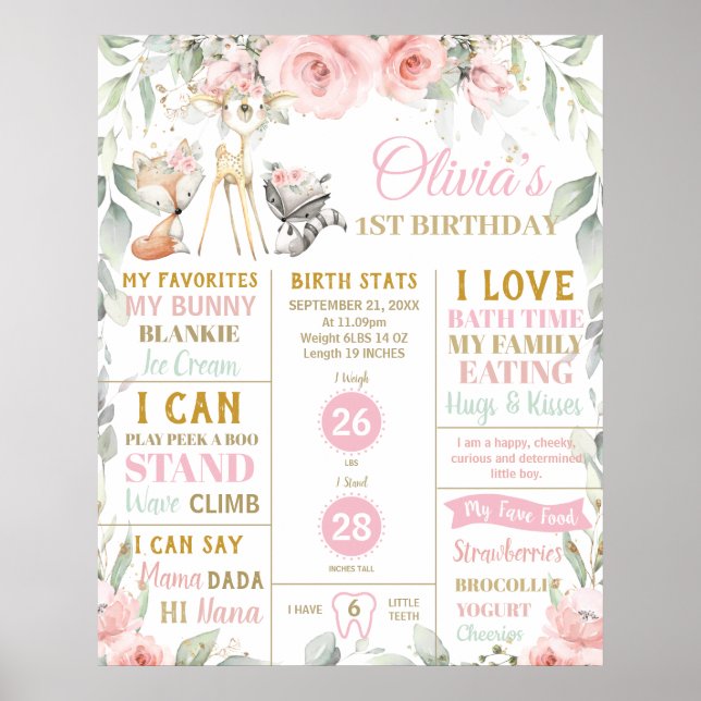 Cute Woodland 1:a födelsedag Milestone Birdats Sta Poster (Framsidan)