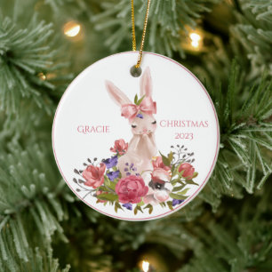Cute Woodland Animal Bunny Blommigt Namn jul Julgransprydnad Keramik
