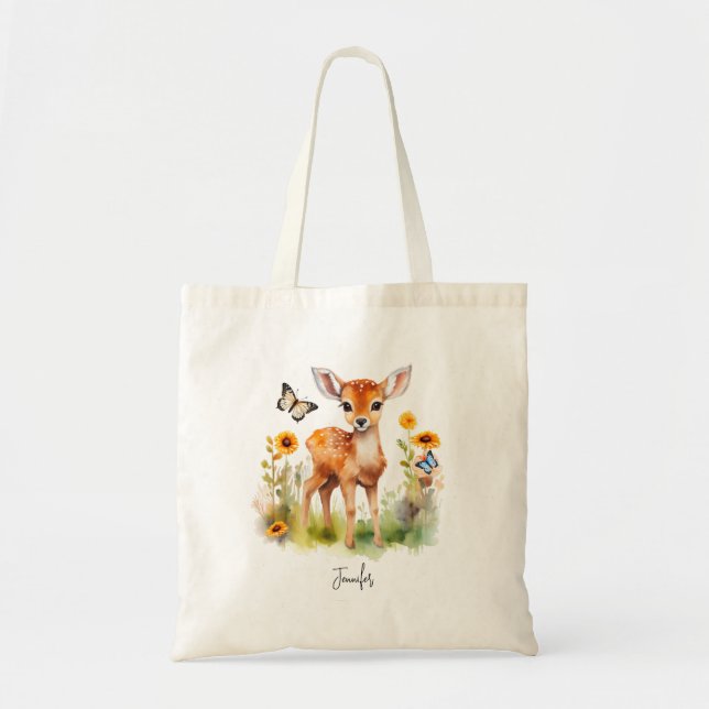 Cute Woodland Animal Hjort and Butterflies Tygkasse (Framsidan)