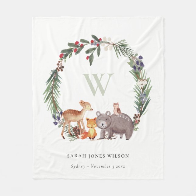 Cute Woodland Animal Leafy Wandeogram Kids Fleecefilt (Framsidan)