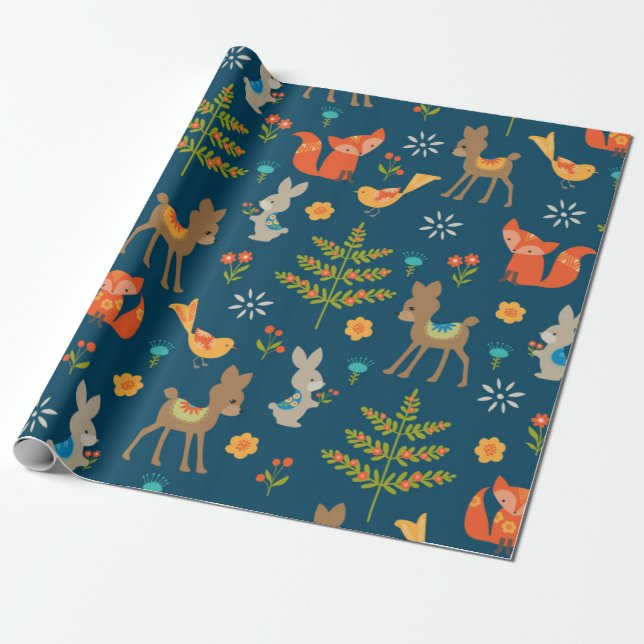 Cute Woodland Animal Mönster Presentpapper (Utrullad)