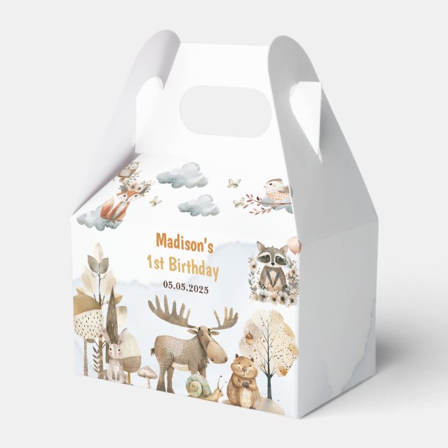 Cute Woodland Animals 1st Birthday Party Favor Box Presentaskar (Framsidan Sidan)