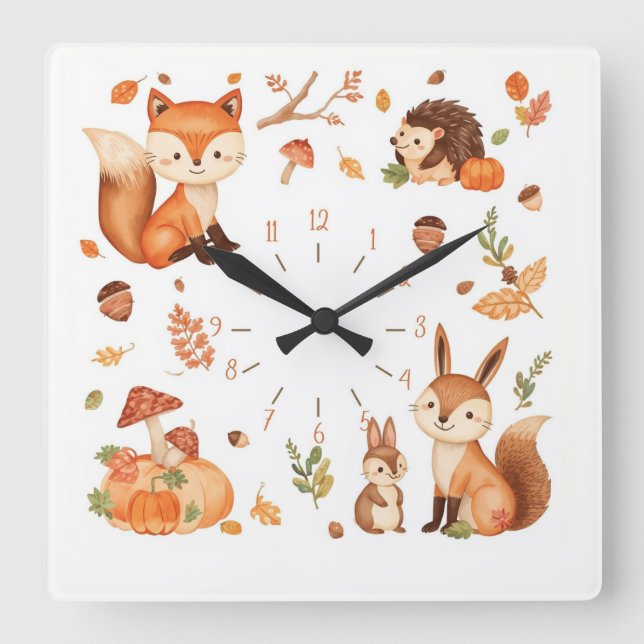Cute Woodland Animals Autumn Wall Clock with Fox Fyrkantig Klocka (Framsida)