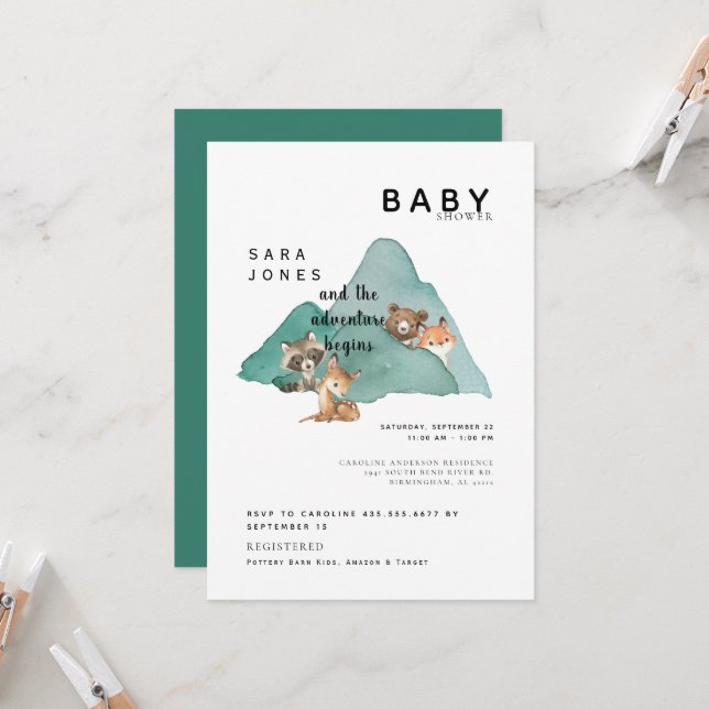 Cute Woodland Animals Äventyr Baby Shower Inbjudningar (Fram/Back In Situ)