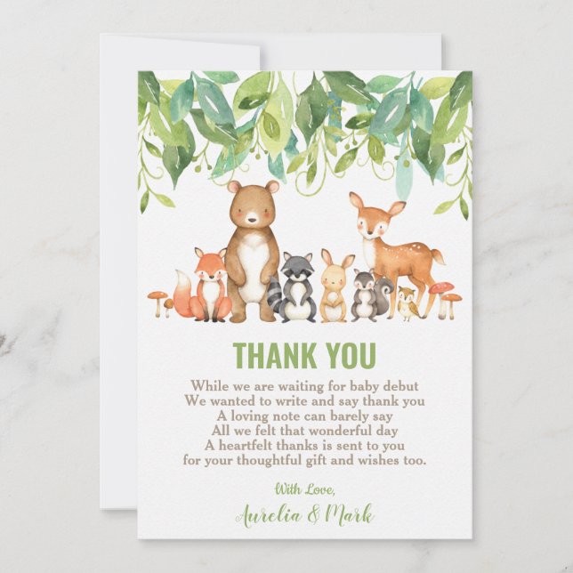 Cute Woodland Animals Baby Shower Boy Neutralt Tack Kort (Framsida)