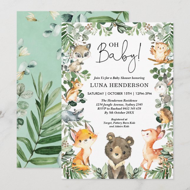Cute Woodland Animals Baby Shower Forest Greenery Inbjudningar (Fram/baksida)