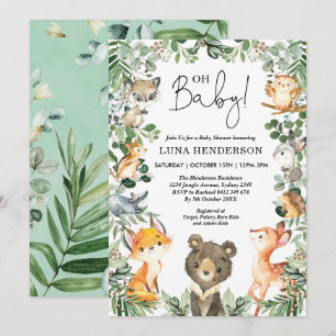 Cute Woodland Animals Baby Shower Forest Greenery Inbjudningar