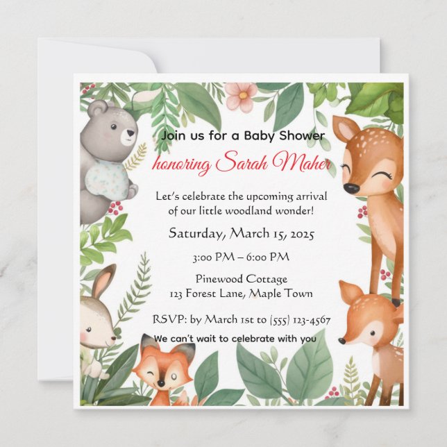 Cute Woodland Animals Baby Shower Invitation  Inbjudningar (Framsida)