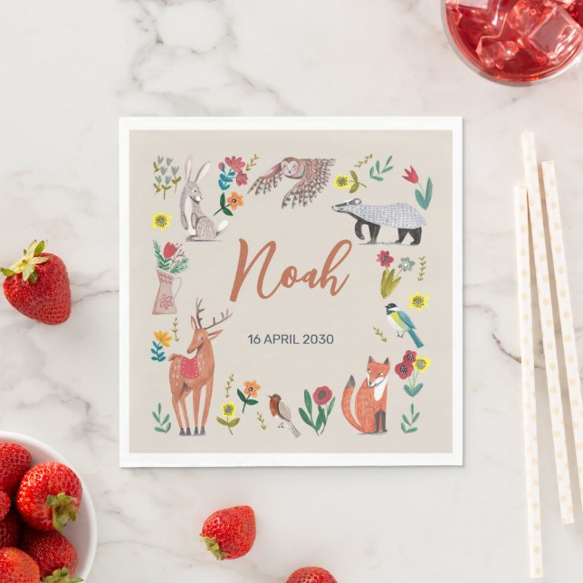Cute Woodland Animals Beige Baby Shower Pappersservett (Insitu)