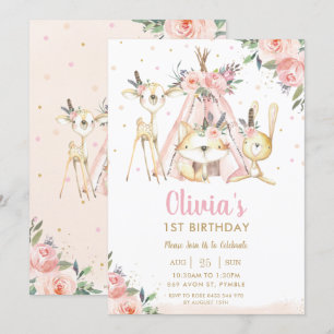 Cute Woodland Animals Boho Tribal Girl Birthday Inbjudningar