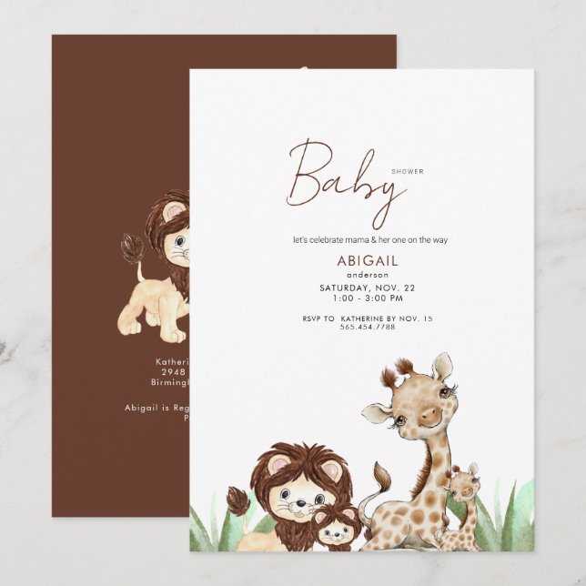 Cute Woodland Animals Brown & White Baby Shower Inbjudningar (Fram/baksida)
