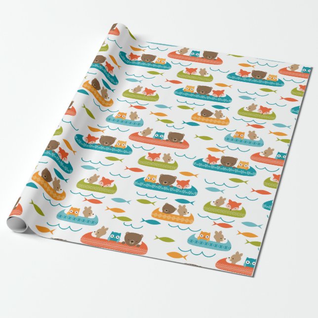 Cute Woodland Animals Canoe Mönster Presentpapper (Utrullad)