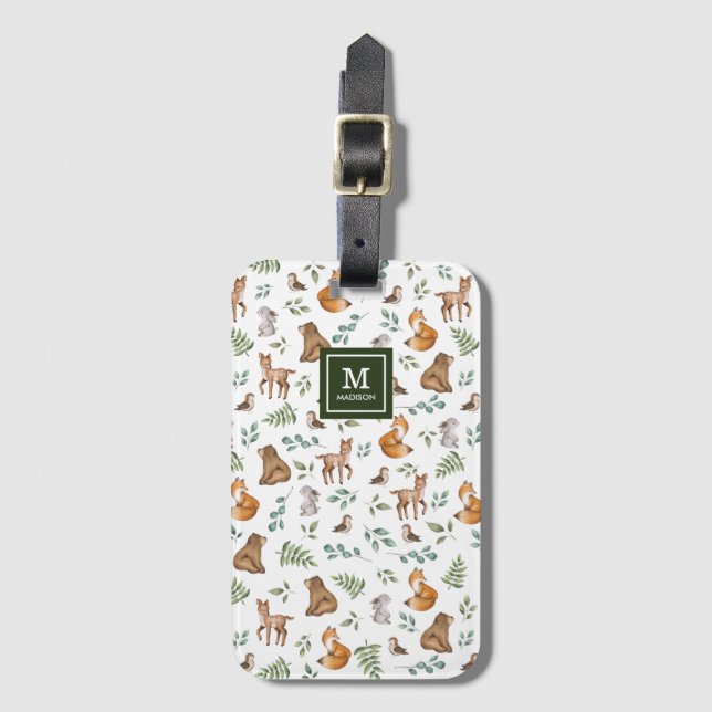 Cute Woodland Animals Forest Greenery Monogram Bagagebricka (Framsida vertikal)