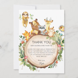 Cute Woodland Animals Greenery 1st Birthday Party Tack Kort