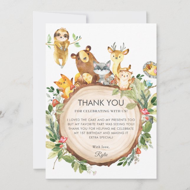 Cute Woodland Animals Greenery 1st Birthday Party Tack Kort (Framsida)