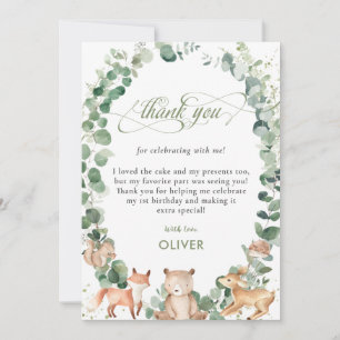 Cute Woodland Animals Greenery 1st Birthday Party Tack Kort