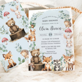 Cute Woodland Animals Greenery Blue Baby Shower Inbjudningar