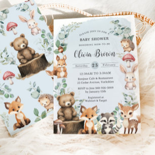 Cute Woodland Animals Greenery Blue Baby Shower Inbjudningar