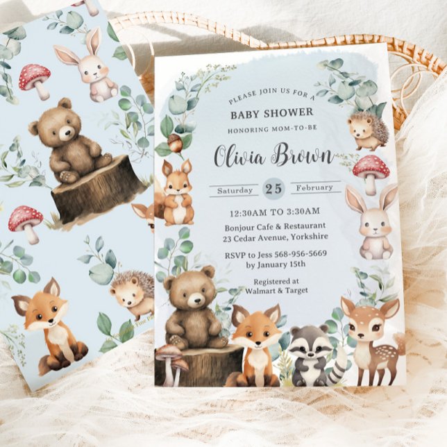 Cute Woodland Animals Greenery Blue Baby Shower Inbjudningar (Skapare uppladdad)