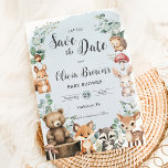 Cute Woodland Animals Greenery Blue Baby Shower Spara Datumet<br><div class="desc">Anpassa den här söta skogen spara datumet enkelt och snabbt. Klicka bara på knappen Anpassa den ytterligare för att redigera texterna,  ändra typsnitt och typsnitt färg. De har vidsträckta baby-trädsdjur. Matchande artiklar tillgängliga i arkivet. c) Somerset Bra Paperie</div>