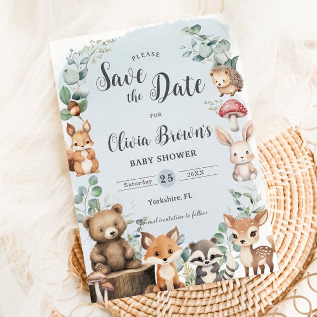 Cute Woodland Animals Greenery Blue Baby Shower Spara Datumet (Skapare uppladdad)