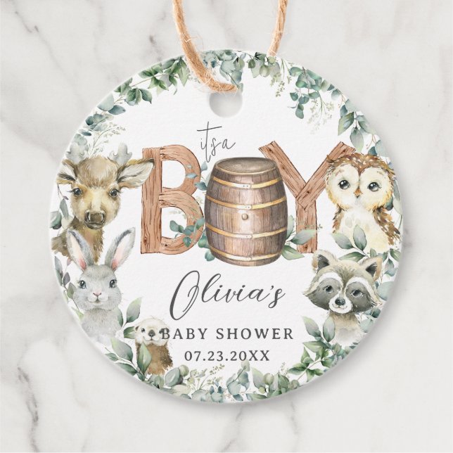Cute Woodland Animals Greenery Boy Shower Gåvor Etiketter (Framsida)