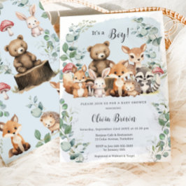 Cute Woodland Animals Greenery Boy Shower Inbjudningar