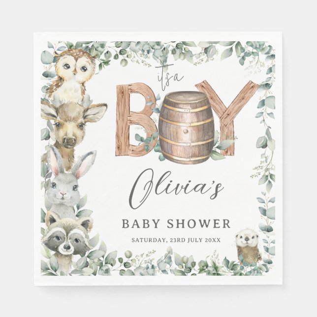 Cute Woodland Animals Greenery Boy Shower Pappersservett (Framsidan)