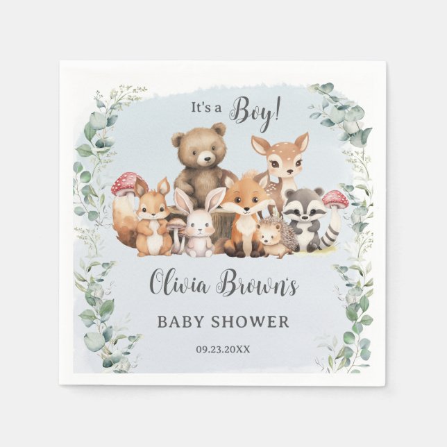 Cute Woodland Animals Greenery Boy Shower Pappersservett (Framsidan)