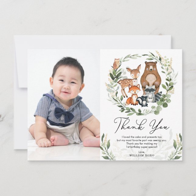 Cute Woodland Animals Greenery Guld Birgday Tack Kort (Framsida)