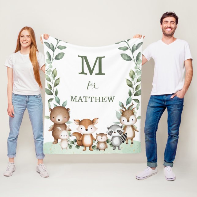 Cute Woodland Animals Greenery Monogram Baby Fleecefilt (På plats)